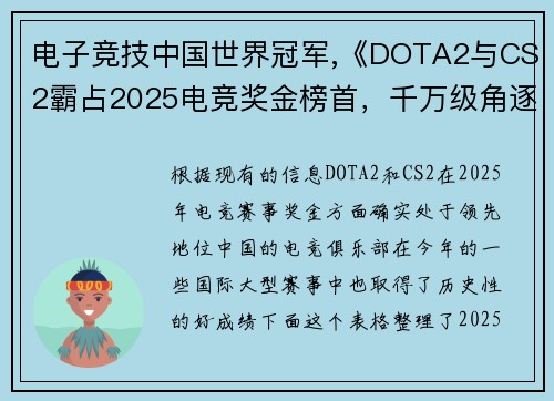 电子竞技中国世界冠军,《DOTA2与CS2霸占2025电竞奖金榜首，千万级角逐引爆行业变革》